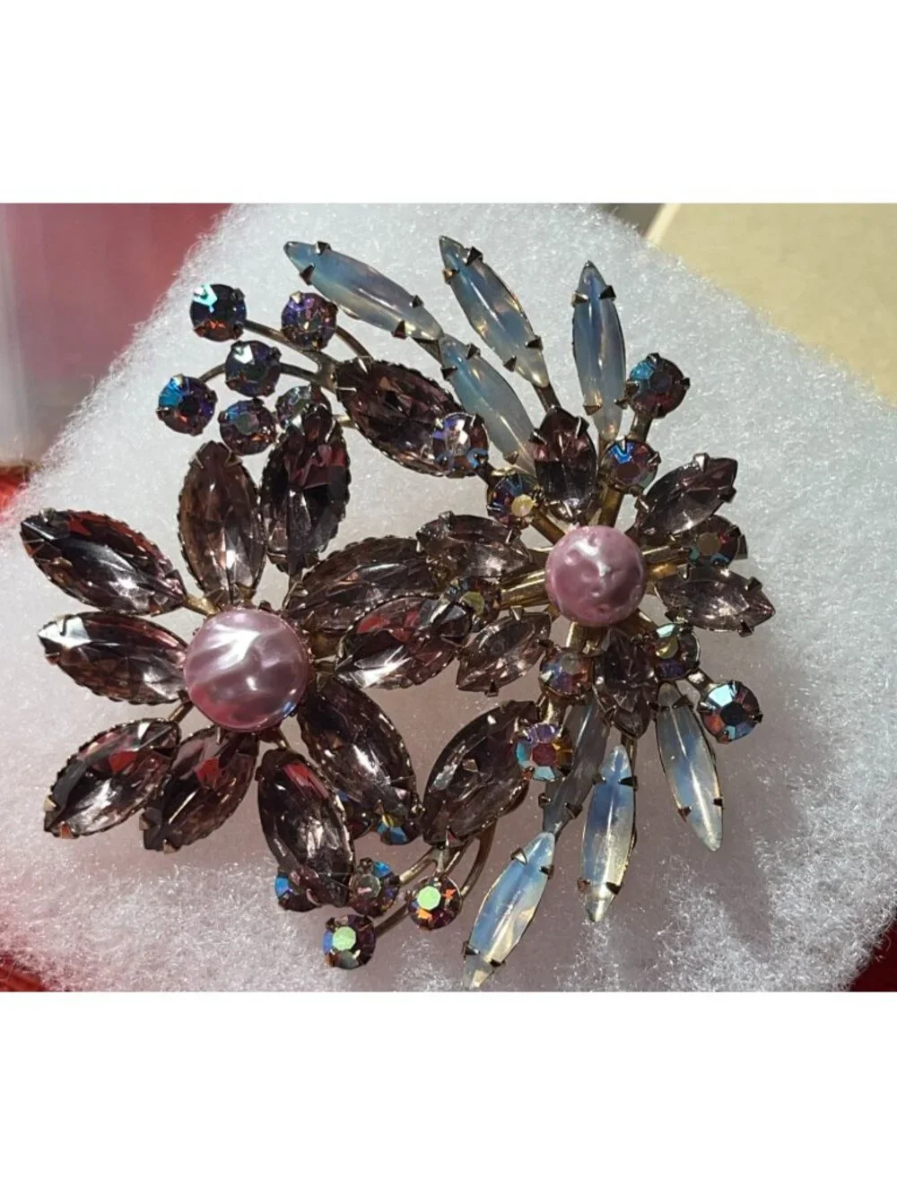 Large Vintage Mid-Century Floral Brooch W/ Smokey Purple Navette Rhinestones